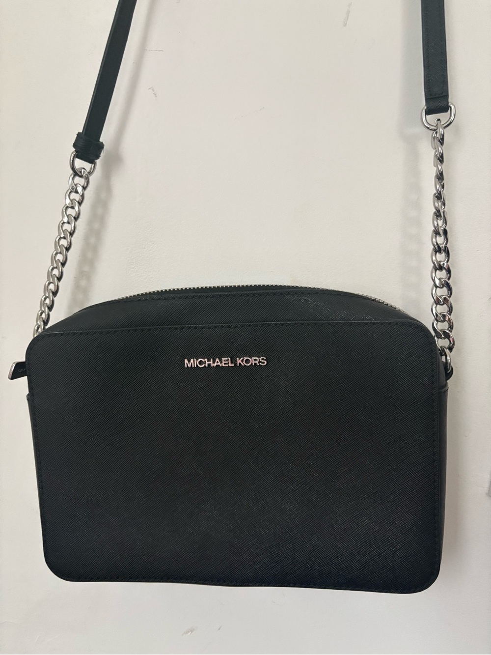 Michael Kors Black Leather Crossbody with Silver Chain Strap